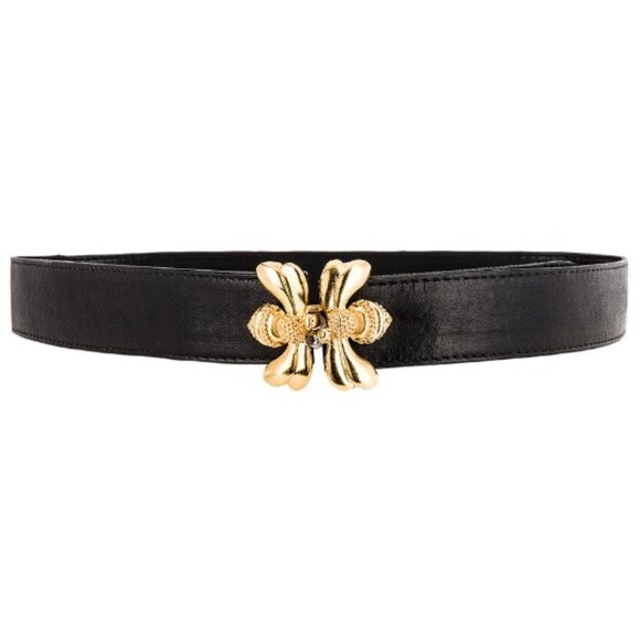 Raina Honey Bees Belt - Adjustable Black Leather Belt with Gold Bee Buckle - Picture 1 of 9